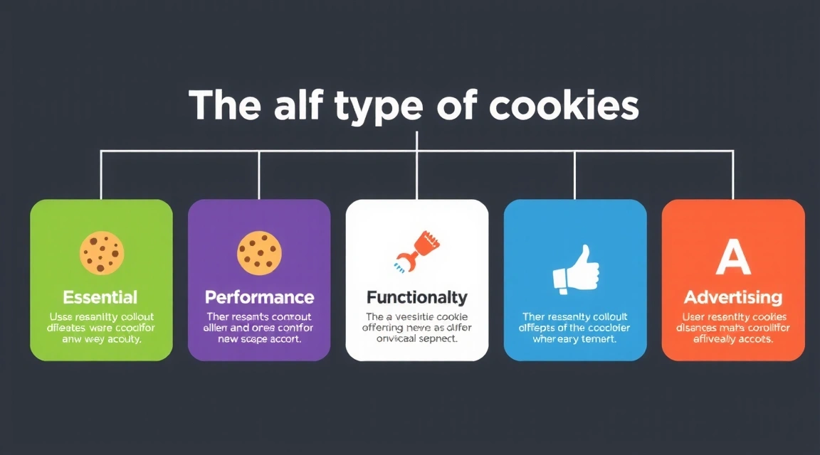 Gráfico de flujo visualmente atractivo que muestra diferentes tipos de cookies y sus funciones: esenciales, rendimiento, funcionalidad y publicidad. Cada tipo tiene un icono representativo y una breve descripción.