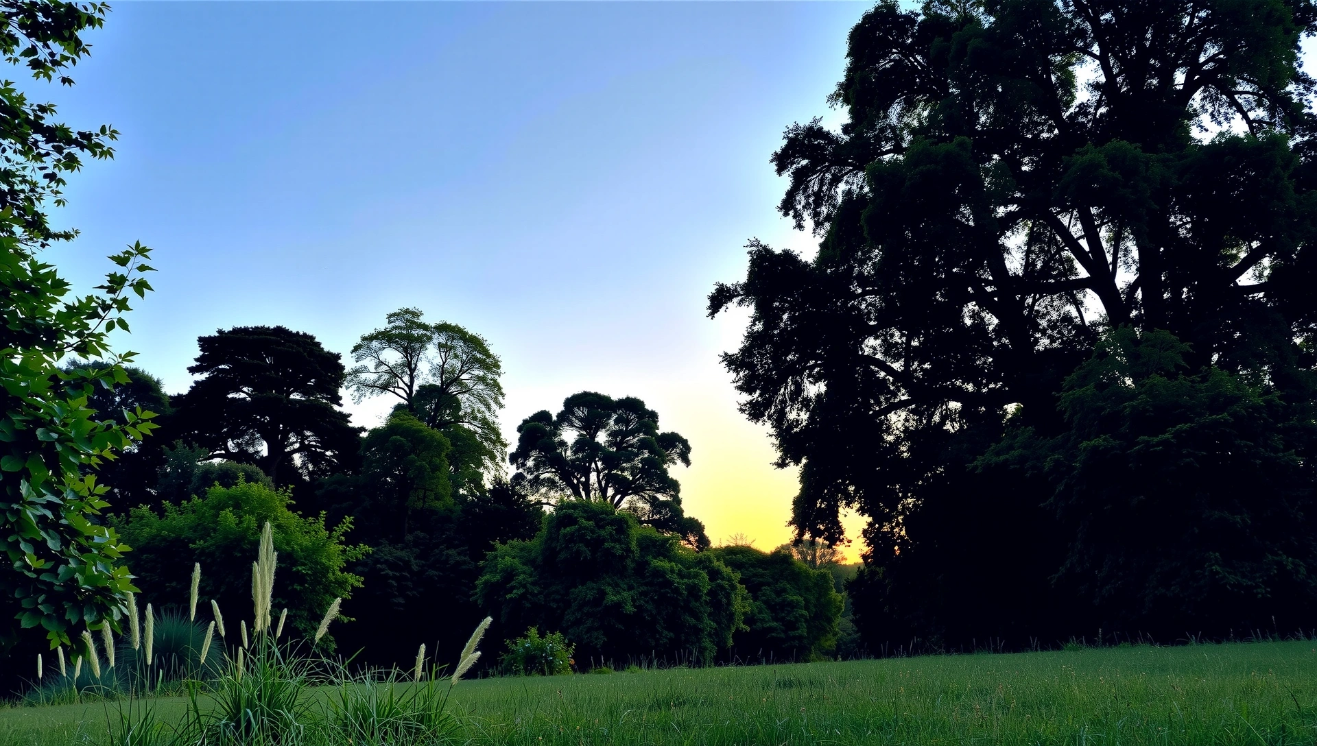 Serene natural landscape with vibrant green foliage and clear blue sky