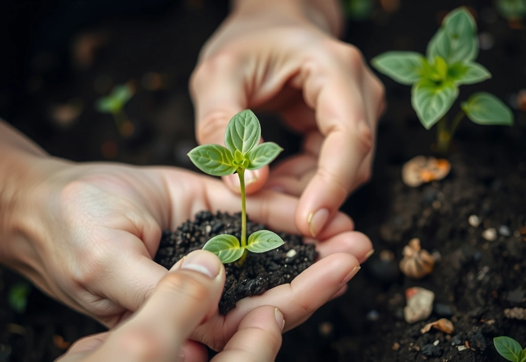Manos sosteniendo una semilla germinando en tierra fértil, simbolizando el comienzo y crecimiento de un proyecto.
