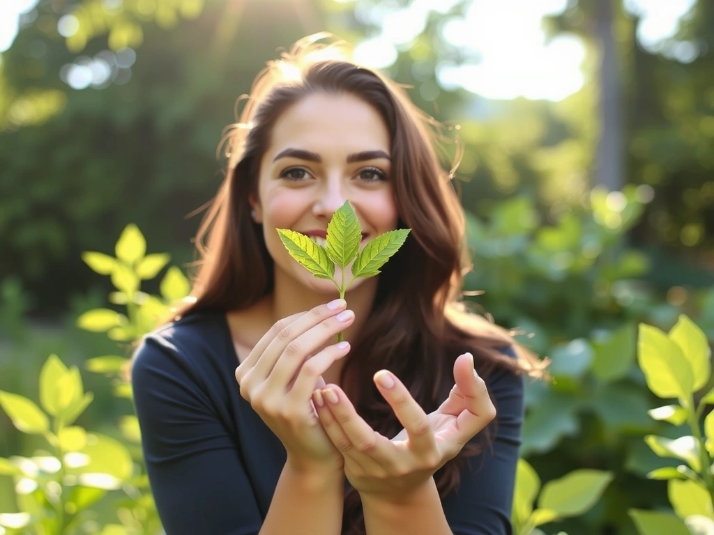Mujer sonriente disfrutando de la naturaleza, simbolizando salud y bienestar natural.