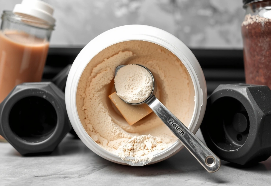 Polvo de proteína en un recipiente abierto con una cuchara medidora,rodeado de batidos y pesas, que representa la nutrición deportiva.
