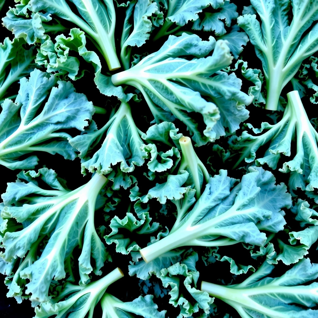 Hojas de col rizada fresca y verde oscuro.